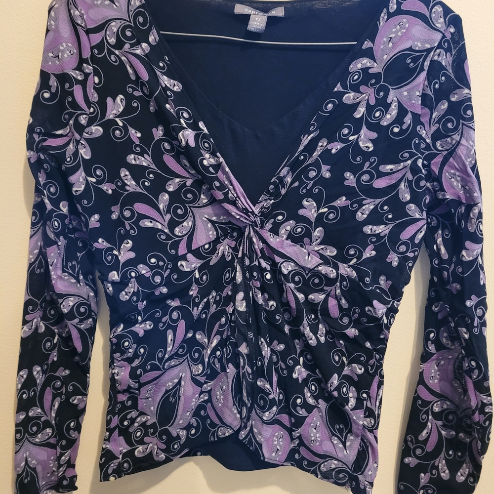 Apt. 9 Blue and Purple Long Sleeve Tie Front Blouse